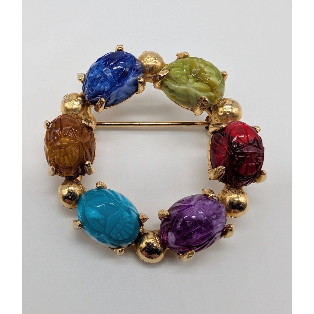 Vtg Egyptian Revival Scarab Brooch Carved Beetles Multi Color Gold Tone
